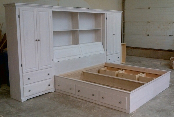 Solid Wood Ash Platform Bed with Storage Drawers and Armoire Headboard