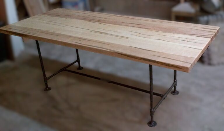 Solid Wood Wormy Maple Dining Table with Gas Pipe Legs